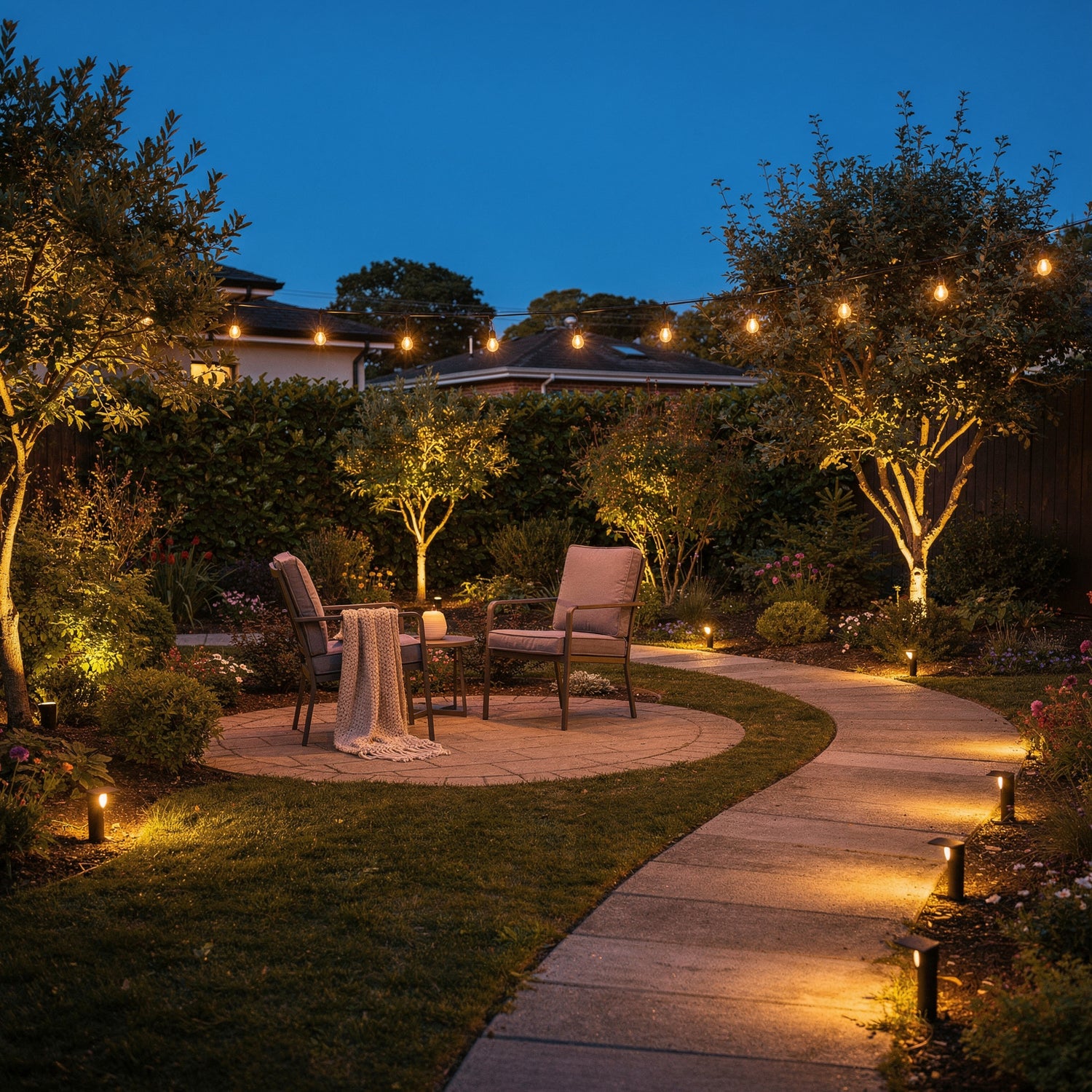 Suburban garden at blue hour lit throughout with solar festoon bulbs, path lights and uplit shrubs