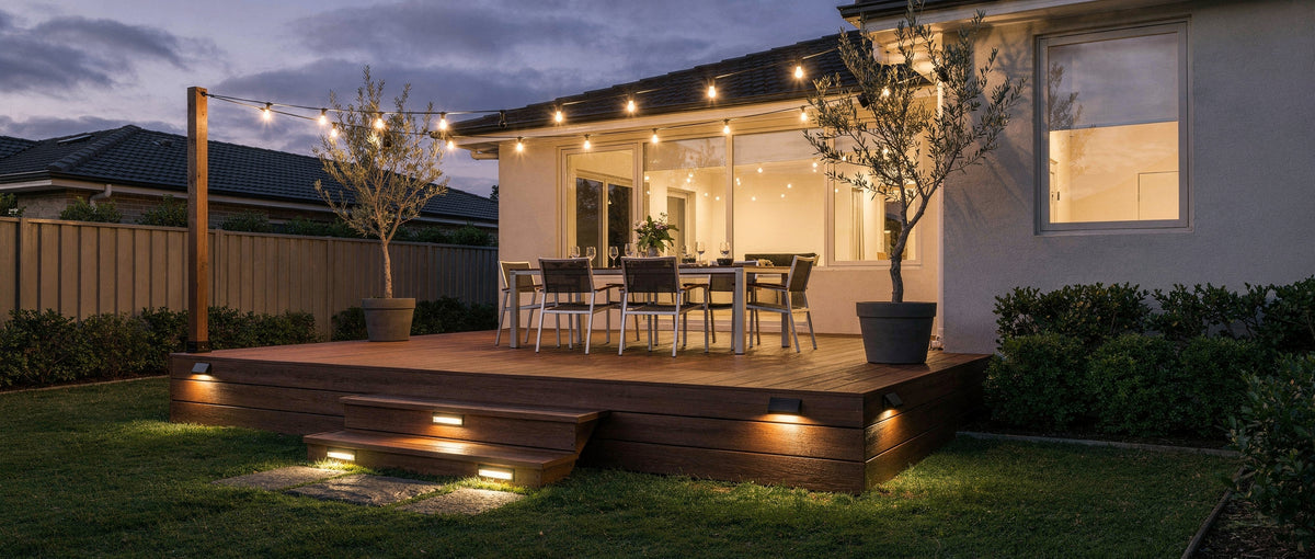 Solar festoon lights over a timber deck with solar deck and step lights glowing in the evening